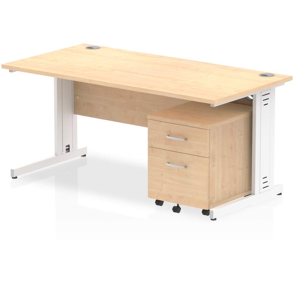 Impulse 1600 x 800mm Straight Desk Maple Top White Cable Managed Leg with 2 Drawer Mobile Pedestal