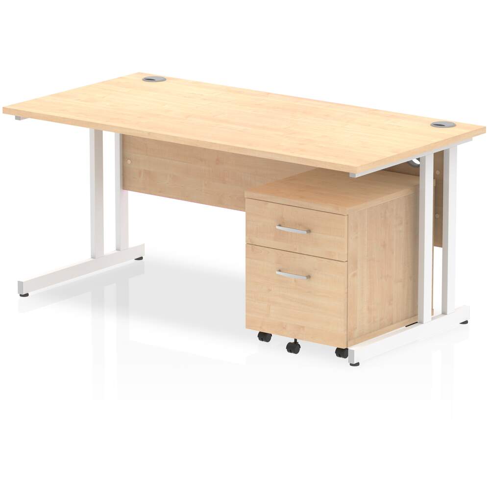 Impulse 1600 x 800mm Straight Desk Maple Top White Cantilever Leg with 2 Drawer Mobile Pedestal