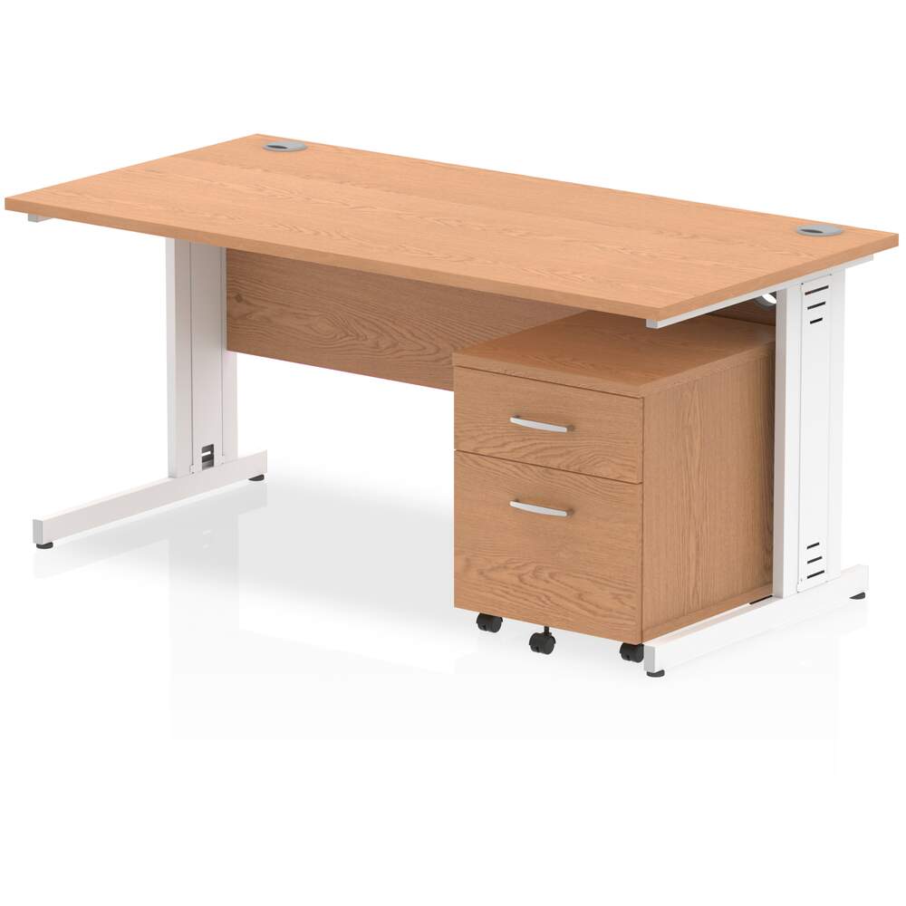 Impulse 1600 x 800mm Straight Desk Oak Top White Cable Managed Leg with 2 Drawer Mobile Pedestal
