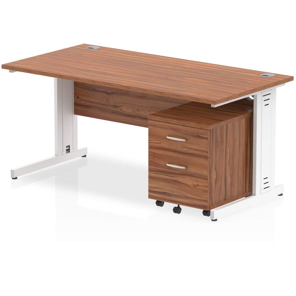Impulse 1600 x 800mm Straight Desk Walnut Top White Cable Managed Leg with 2 Drawer Mobile Pedestal
