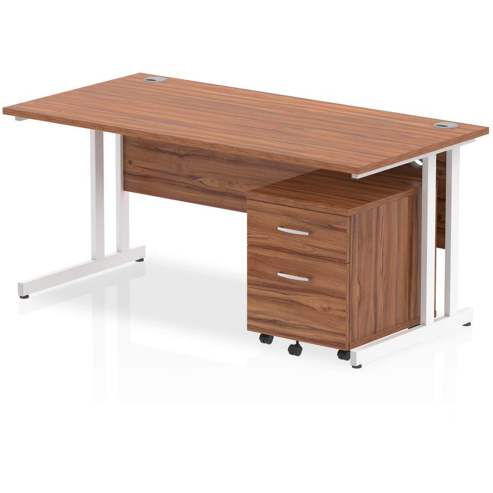 Impulse 1600 x 800mm Straight Desk Walnut Top White Cantilever Leg with 3 Drawer Mobile Pedestal