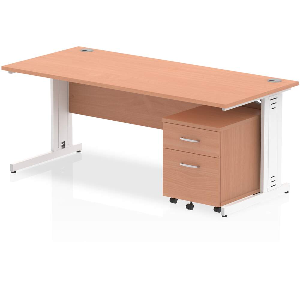 Impulse 1800 x 800mm Straight Desk Beech Top White Cable Managed Leg with 2 Drawer Mobile Pedestal