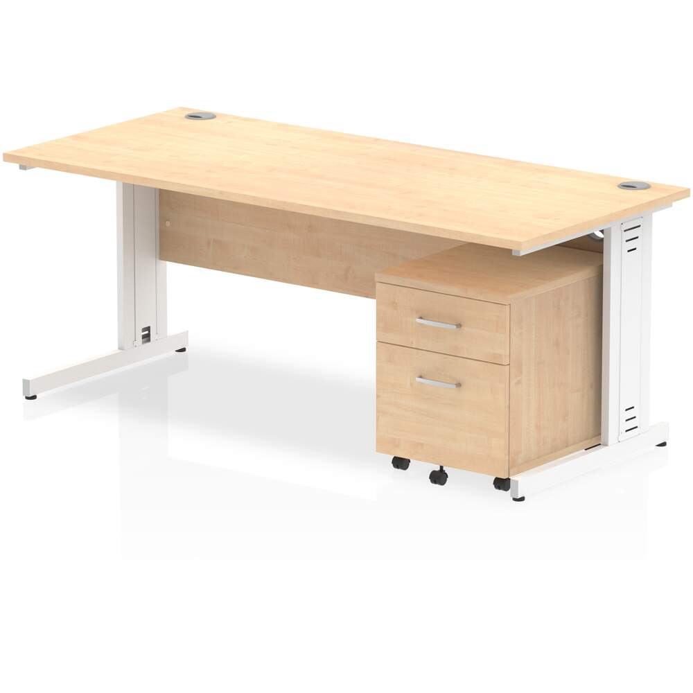 Impulse 1600 x 800mm Straight Desk Maple Top White Cable Managed Leg with 3 Drawer Mobile Pedestal