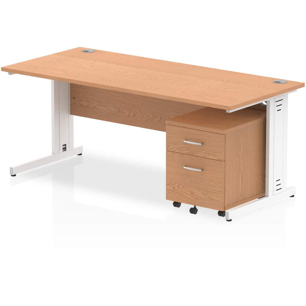 Impulse 1800 x 800mm Straight Desk Oak Top White Cable Managed Leg with 2 Drawer Mobile Pedestal