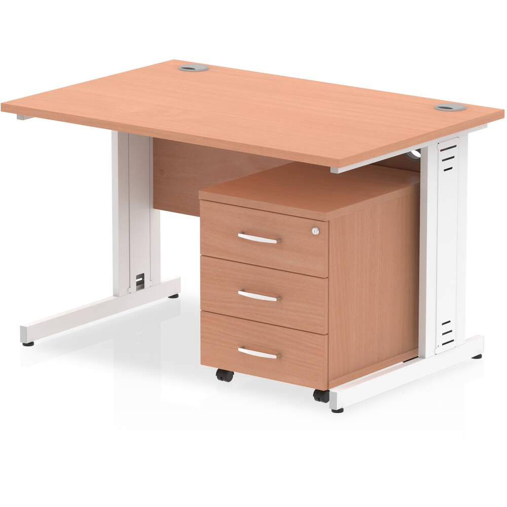 Impulse 1200 x 800mm Straight Desk Beech Top White Cable Managed Leg with 3 Drawer Mobile Pedestal Bundle