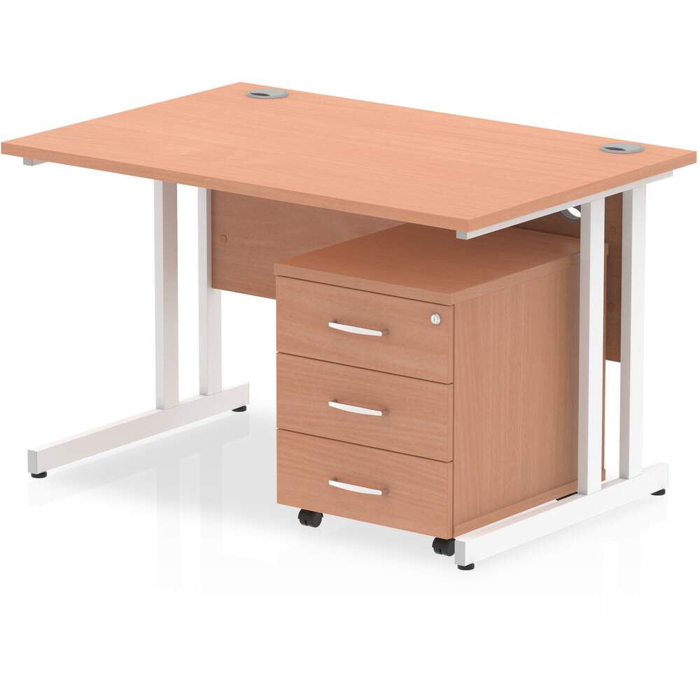 Impulse 1200 x 800mm Straight Desk Beech Top White Cantilever Leg with 3 Drawer Mobile Pedestal Bundle