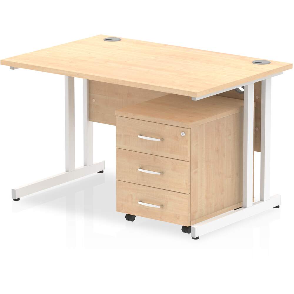 Impulse 1200 x 800mm Straight Desk Maple Top White Cantilever Leg with 3 Drawer Mobile Pedestal Bundle