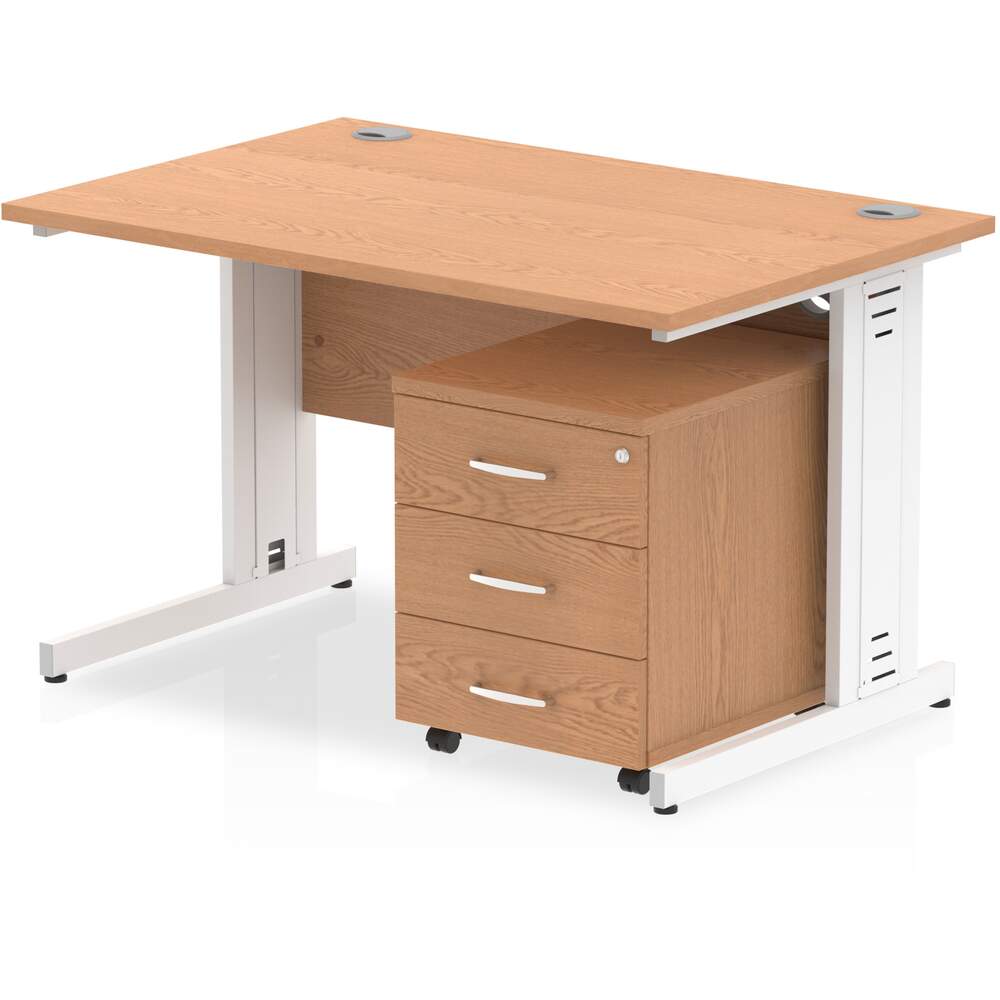 Impulse 1200 x 800mm Straight Desk Oak Top White Cable Managed Leg with 3 Drawer Mobile Pedestal Bundle