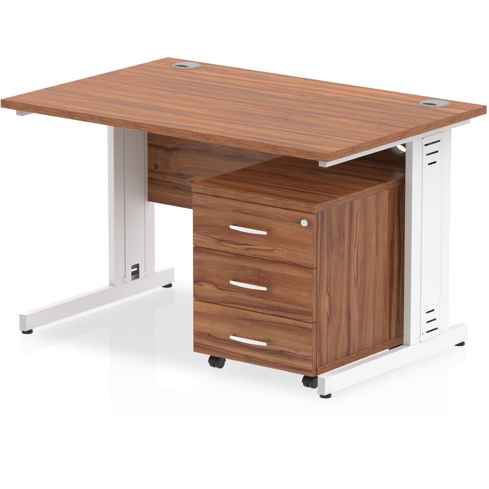 Impulse 1200 x 800mm Straight Desk Walnut Top White Cable Managed Leg with 3 Drawer Mobile Pedestal Bundle