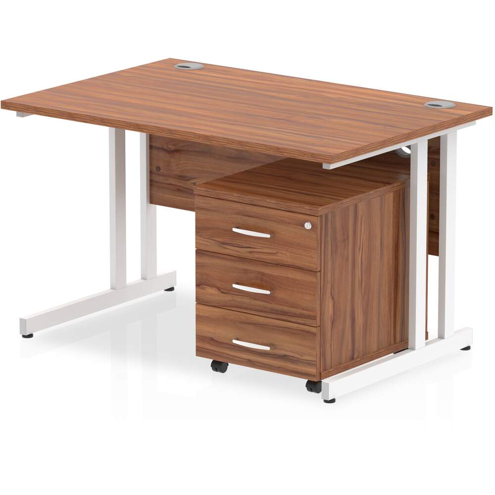 Impulse 1200 x 800mm Straight Desk Walnut Top White Cantilever Leg with 3 Drawer Mobile Pedestal Bundle