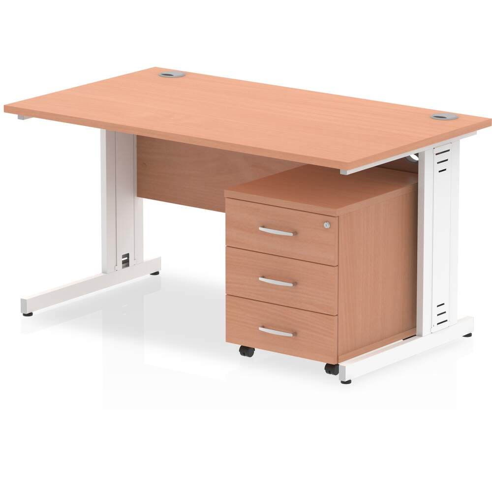 Impulse 1400 x 800mm Straight Desk Beech Top White Cable Managed Leg with 3 Drawer Mobile Pedestal Bundle