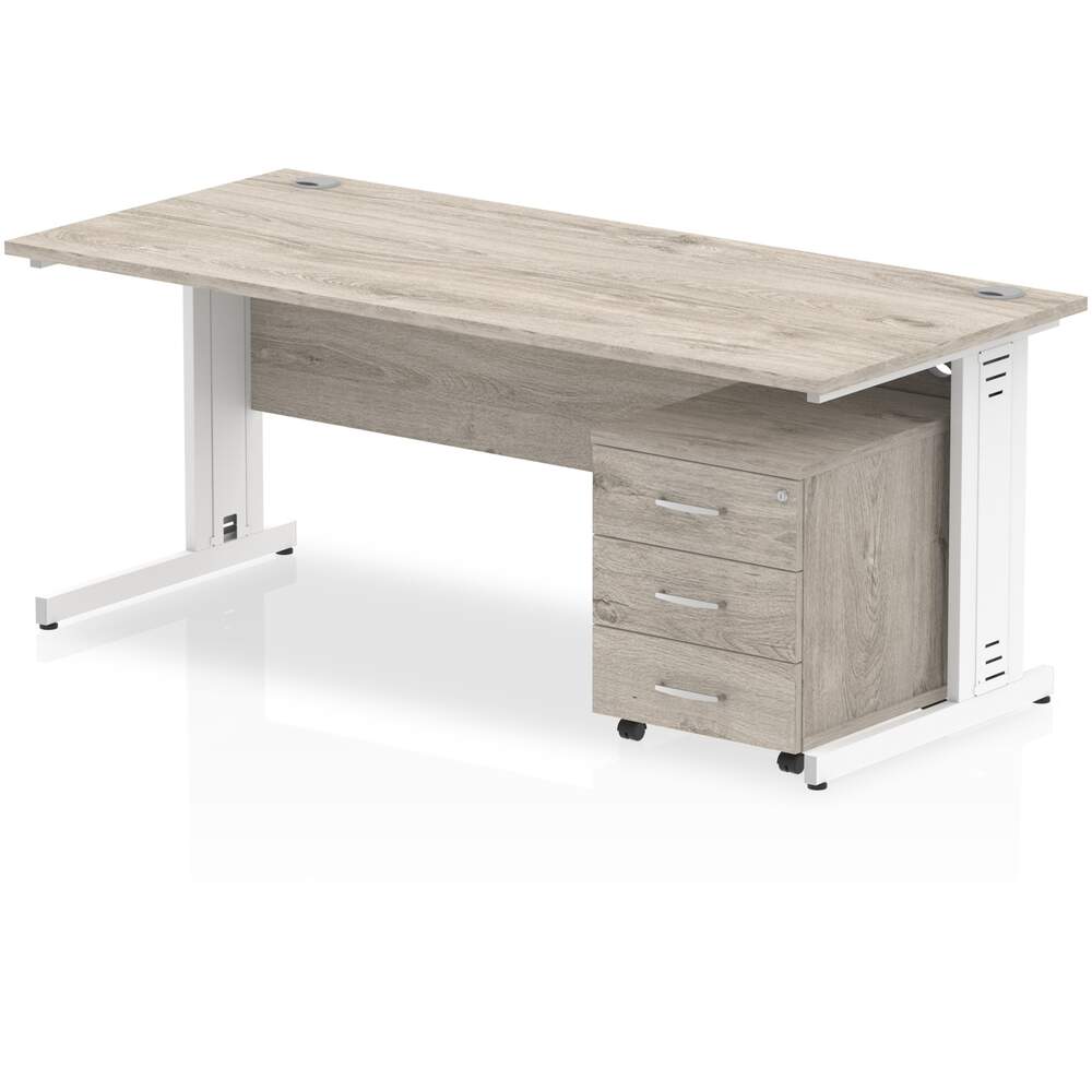 Impulse 1800 x 800mm Straight Desk Grey Oak Top White Cable Managed Leg with 3 Drawer Mobile Pedestal