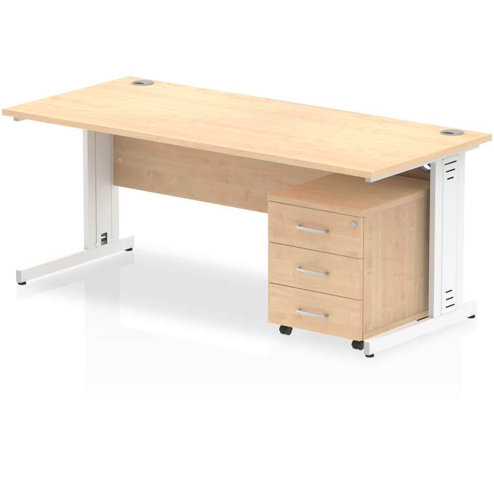 Impulse 1800 x 800mm Straight Desk Maple Top White Cable Managed Leg with 3 Drawer Mobile Pedestal