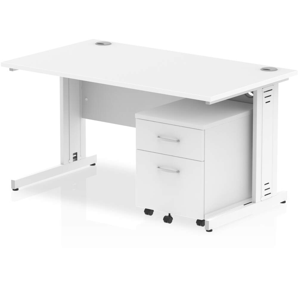 Impulse 1400 x 800mm Straight Desk White Top White Cable Managed Leg with 2 Drawer Mobile Pedestal Bundle