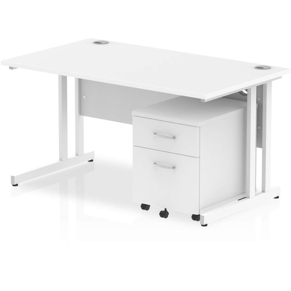 Impulse 1400 x 800mm Straight Desk White Top White Cantilever Leg with 2 Drawer Mobile Pedestal Bundle