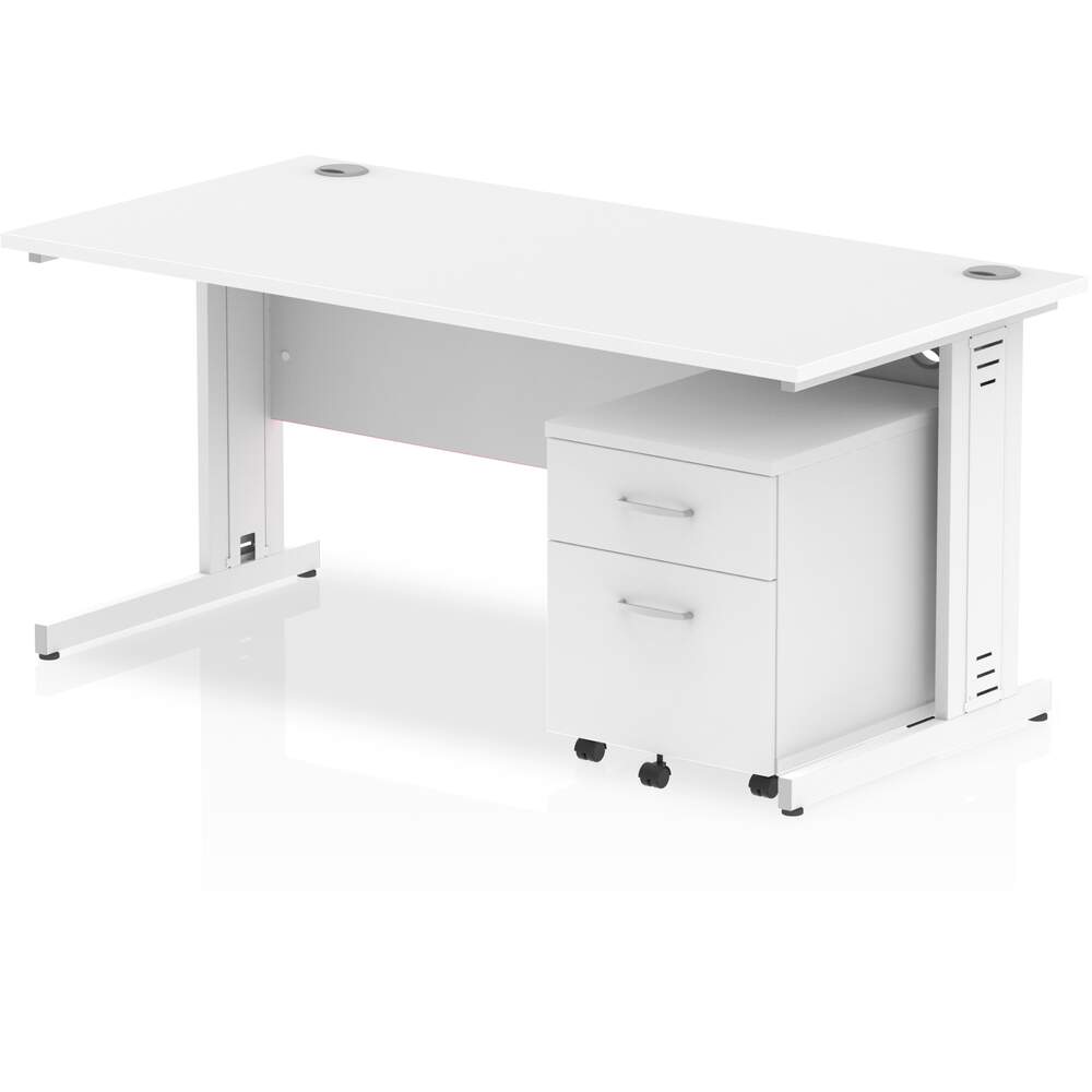 Impulse 1600 x 800mm Straight Desk White Top White Cable Managed Leg with 2 Drawer Mobile Pedestal