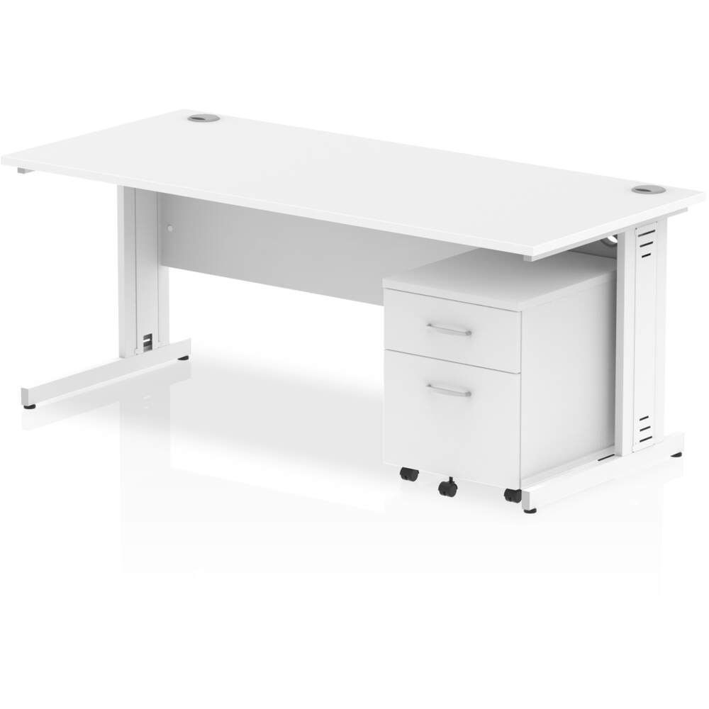 Impulse 1800 x 800mm Straight Desk White Top White Cable Managed Leg with 2 Drawer Mobile Pedestal