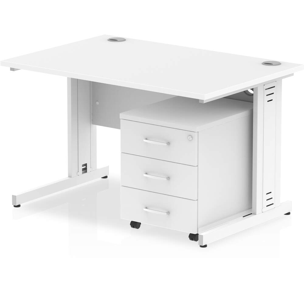 Impulse 1200 x 800mm Straight Desk White Top White Cable Managed Leg with 3 Drawer Mobile Pedestal Bundle