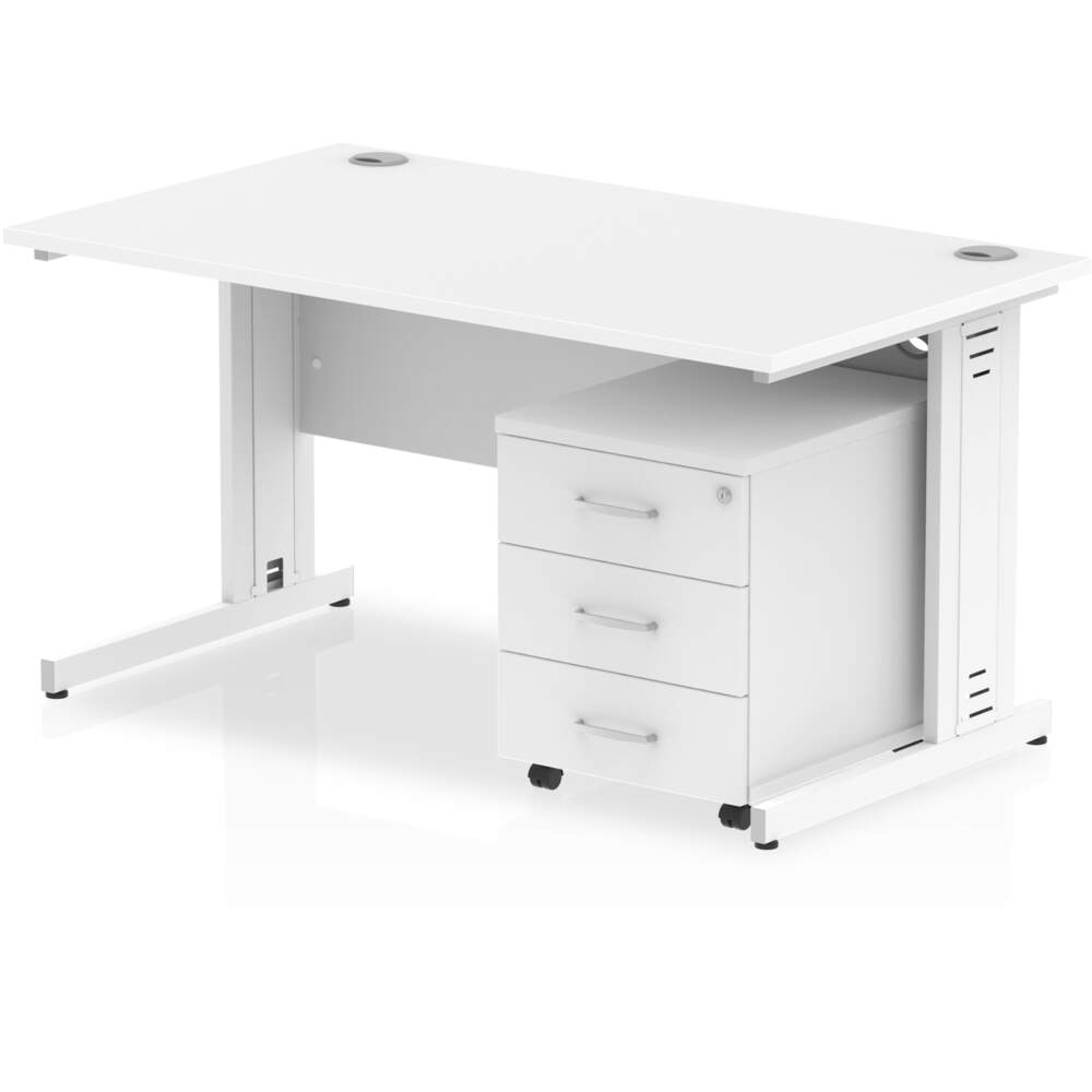 Impulse 1400 x 800mm Straight Desk White Top White Cable Managed Leg with 3 Drawer Mobile Pedestal Bundle