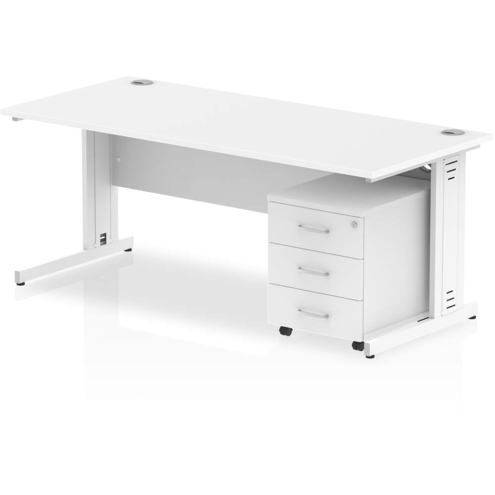 Impulse 1800 x 800mm Straight Desk White Top White Cable Managed Leg with 3 Drawer Mobile Pedestal