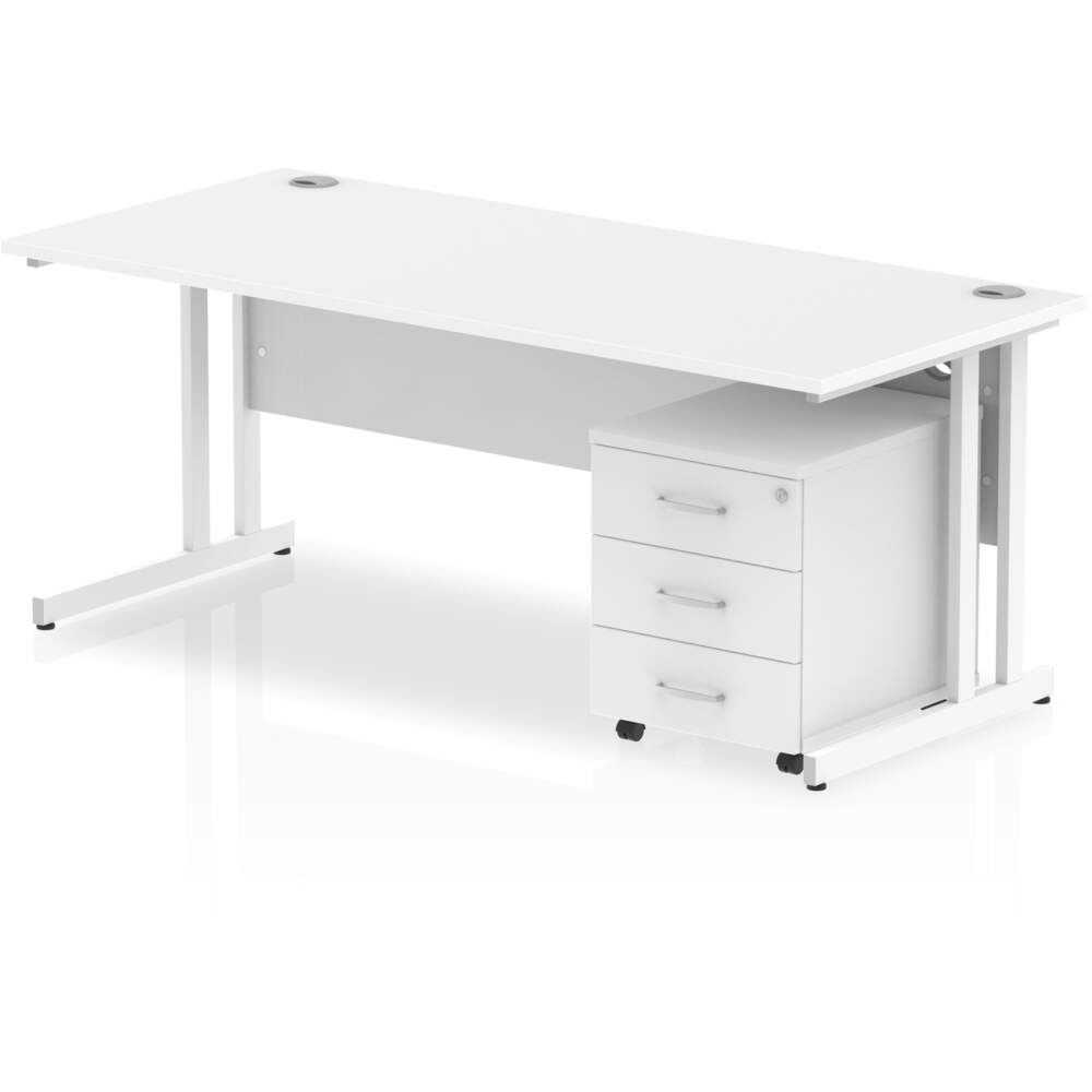 Impulse 1800 x 800mm Straight Desk White Top White Cantilever Leg with 3 Drawer Mobile Pedestal