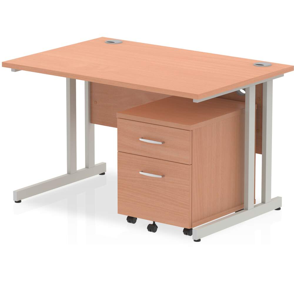 Impulse 1200 x 800mm Straight Desk Beech Top Silver Cantilever Leg with 2 Drawer Mobile Pedestal Bundle