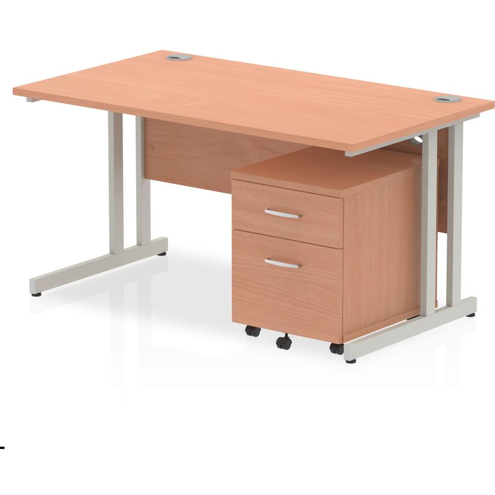 Impulse 1400 x 800mm Straight Desk Beech Top Silver Cantilever Leg with 2 Drawer Mobile Pedestal Bundle