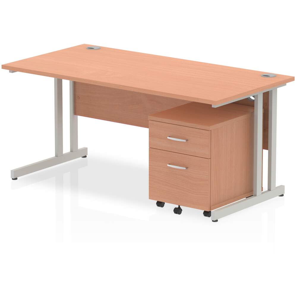 Impulse 1600 x 800mm Straight Desk Beech Top Silver Cantilever Leg with 2 Drawer Mobile Pedestal