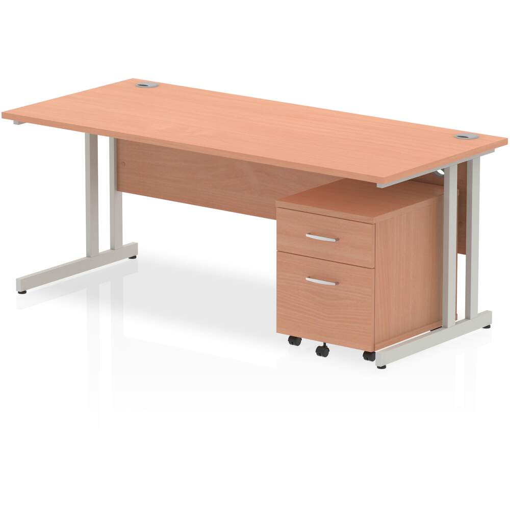 Impulse 1800 x 800mm Straight Desk Beech Top Silver Cantilever Leg with 2 Drawer Mobile Pedestal