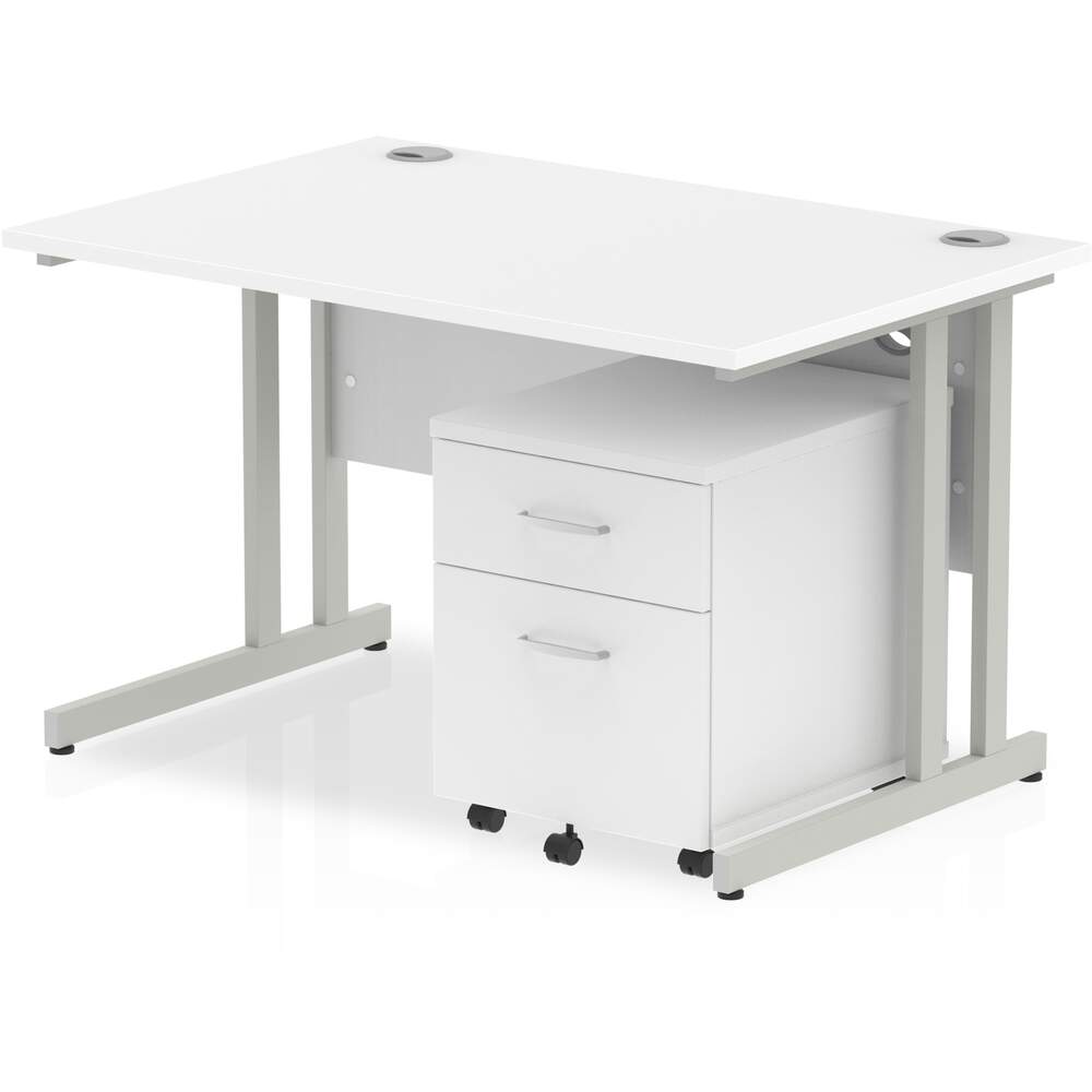 Impulse 1200 x 800mm Straight Desk White Top Silver Cantilever Leg with 2 Drawer Mobile Pedestal Bundle