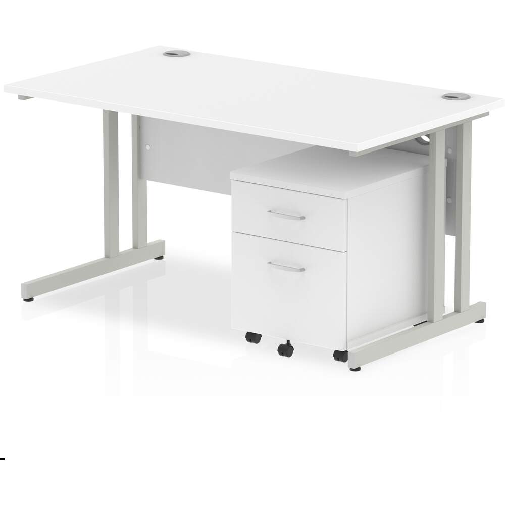Impulse 1400 x 800mm Straight Desk White Top Silver Cantilever Leg with 2 Drawer Mobile Pedestal Bundle