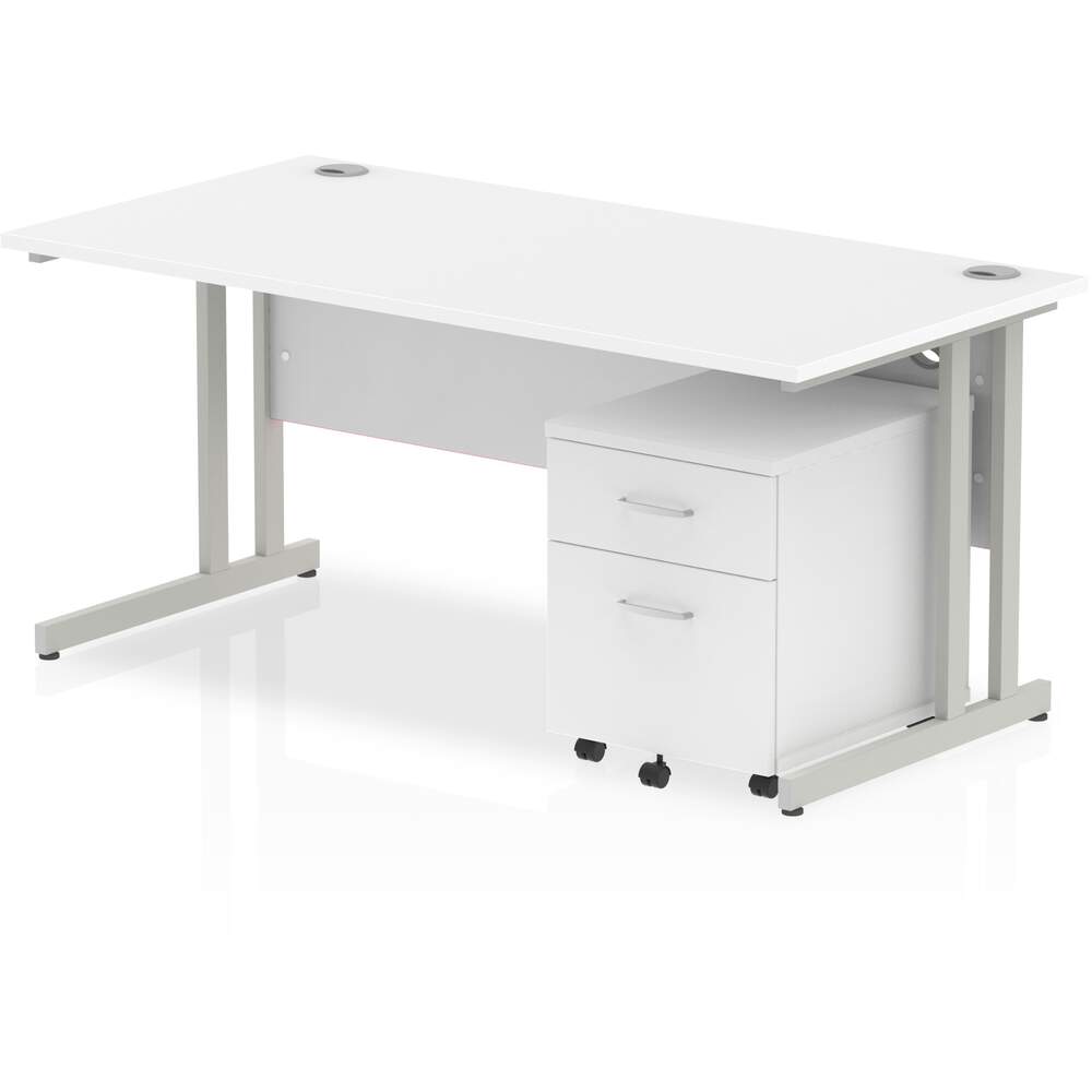 Impulse 1600 x 800mm Straight Desk White Top Silver Cantilever Leg with 2 Drawer Mobile Pedestal