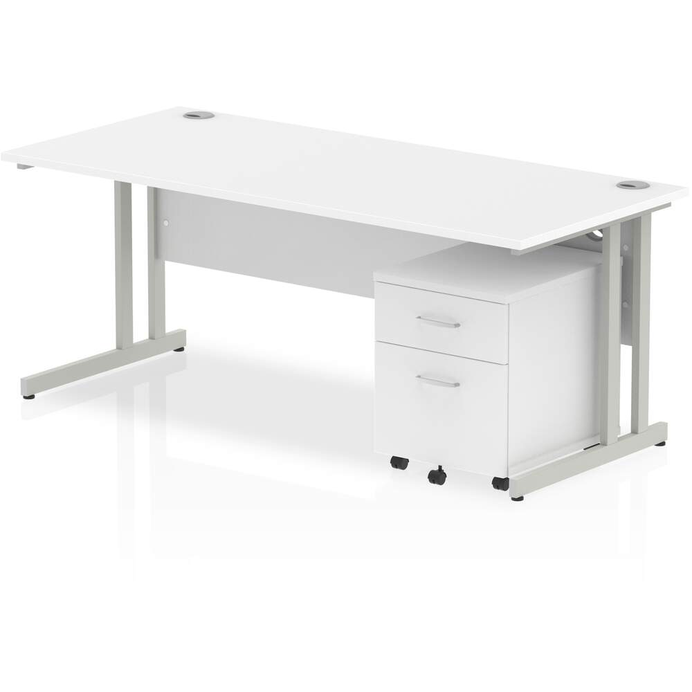Impulse 1800 x 800mm Straight Desk White Top Silver Cantilever Leg with 2 Drawer Mobile Pedestal