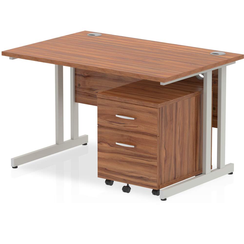 Impulse 1200 x 800mm Straight Desk Walnut Top Silver Cantilever Leg with 2 Drawer Mobile Pedestal Bundle