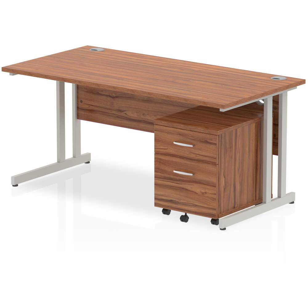 Impulse 1600 x 800mm Straight Desk Walnut Top Silver Cantilever Leg with 2 Drawer Mobile Pedestal