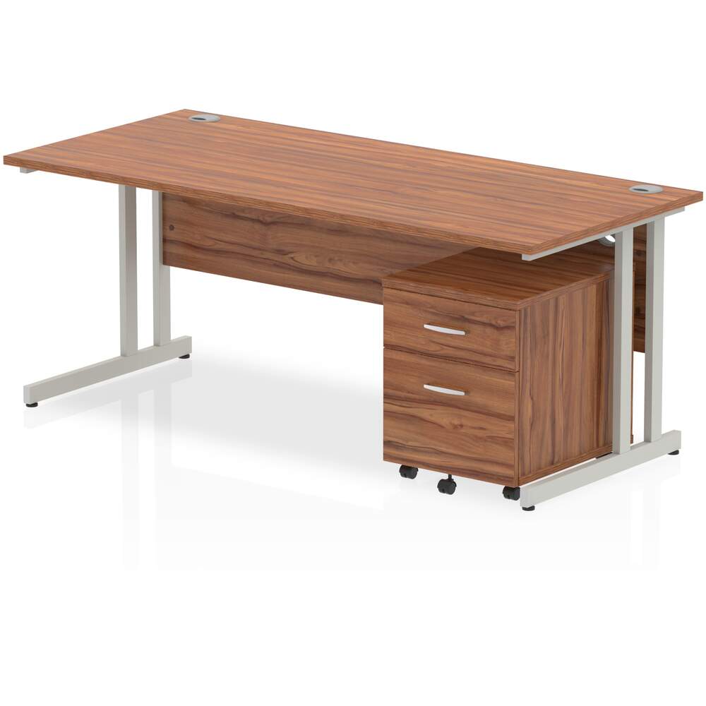 Impulse 1800 x 800mm Straight Desk Walnut Top Silver Cantilever Leg with 2 Drawer Mobile Pedestal