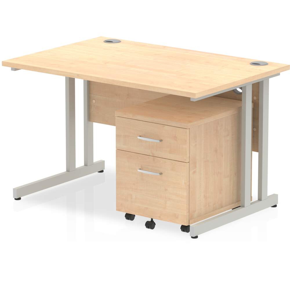 Impulse 1200 x 800mm Straight Desk Maple Top Silver Cantilever Leg with 2 Drawer Mobile Pedestal Bundle