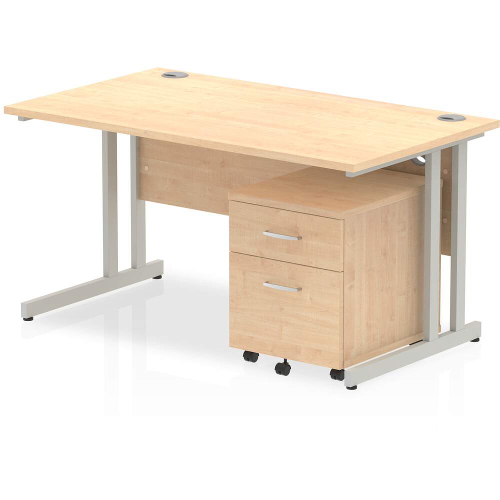 Impulse 1400 x 800mm Straight Desk Maple Top Silver Cantilever Leg with 2 Drawer Mobile Pedestal Bundle