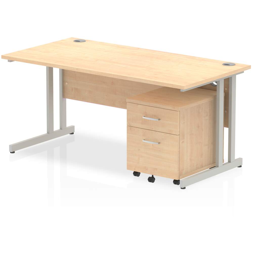 Impulse 1600 x 800mm Straight Desk Maple Top Silver Cantilever Leg with 2 Drawer Mobile Pedestal