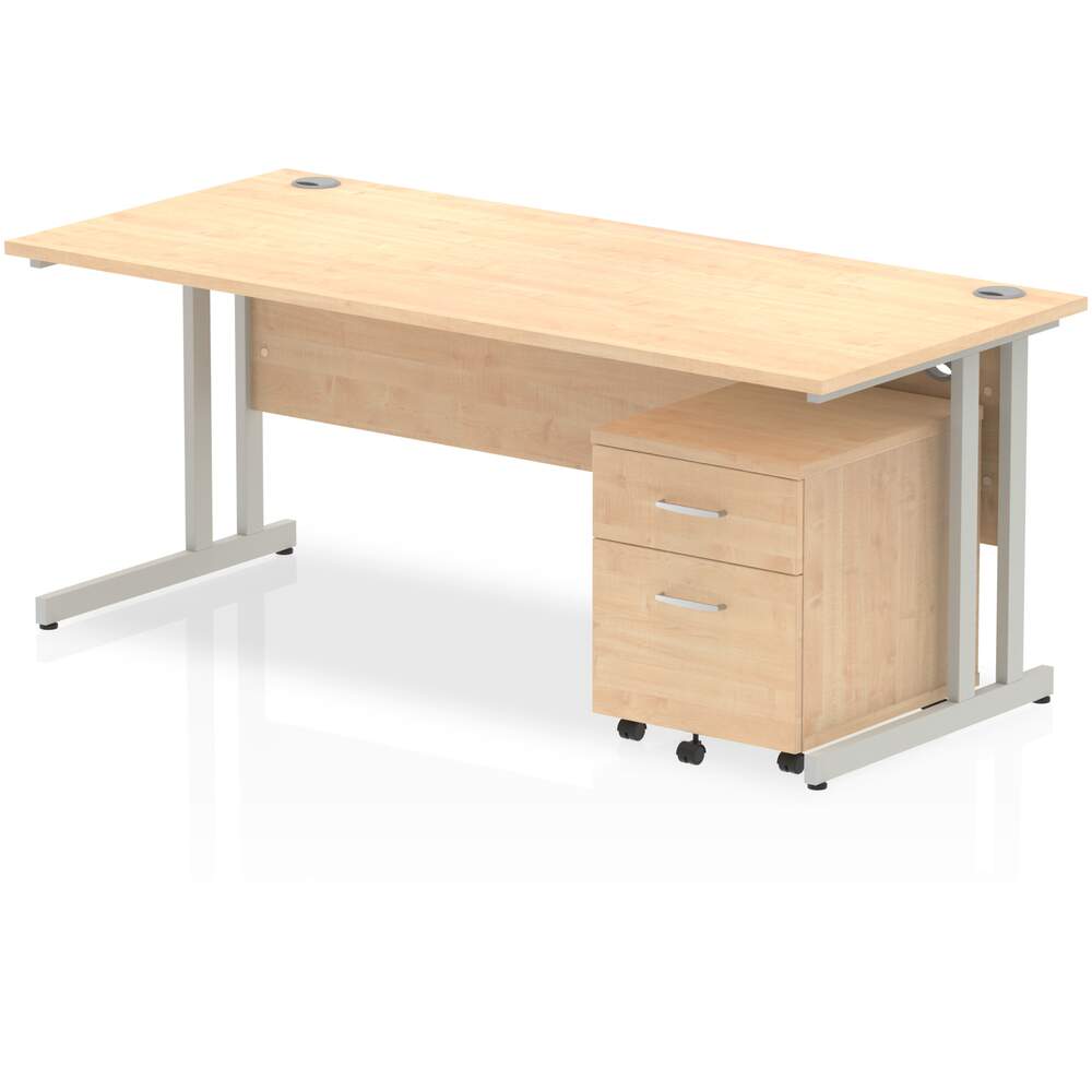 Impulse 1800 x 800mm Straight Desk Maple Top Silver Cantilever Leg with 2 Drawer Mobile Pedestal