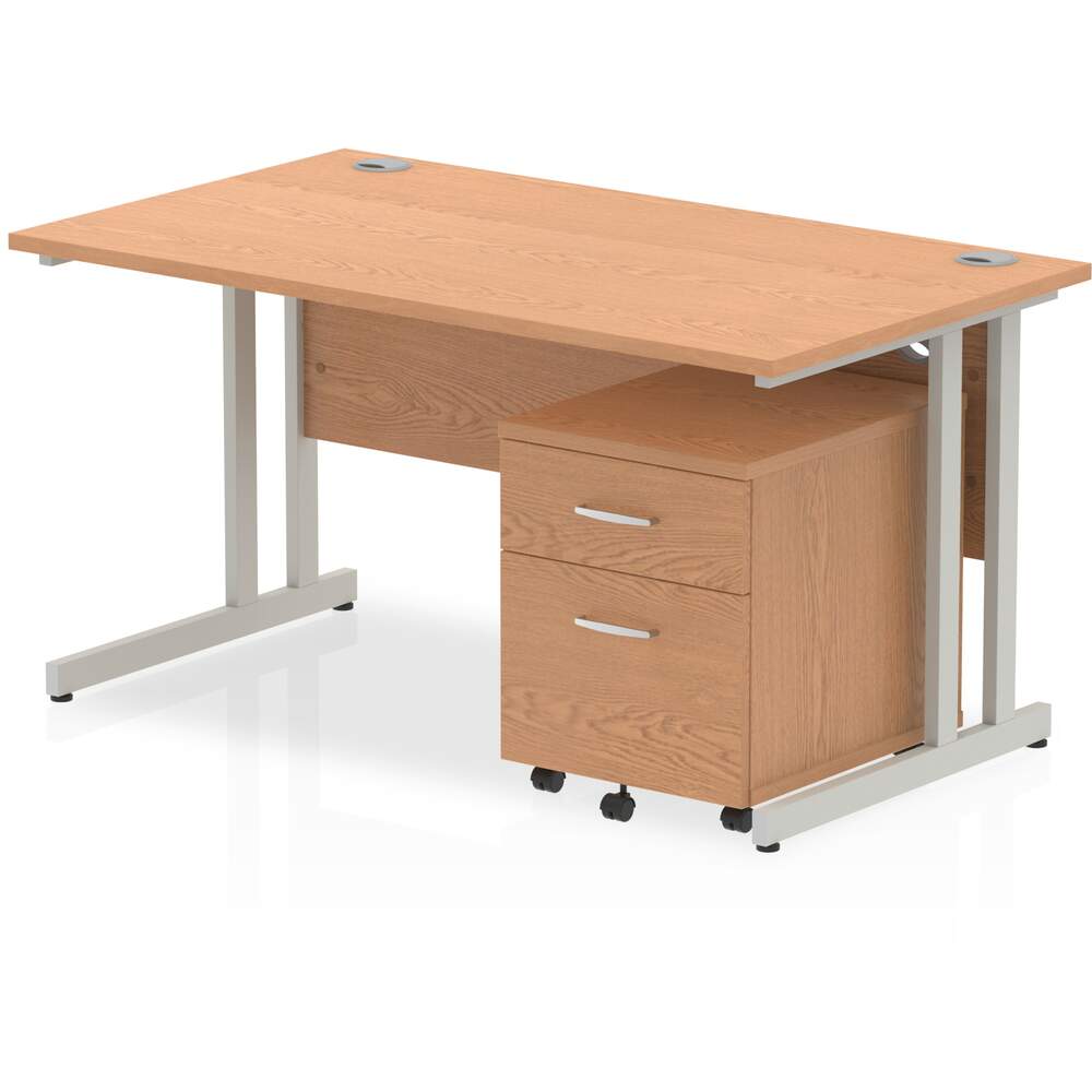 Impulse 1400 x 800mm Straight Desk Oak Top Silver Cantilever Leg with 2 Drawer Mobile Pedestal Bundle