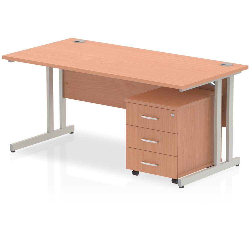 Impulse 1600 x 800mm Straight Desk Beech Top Silver Cantilever Leg with 3 Drawer Mobile Pedestal