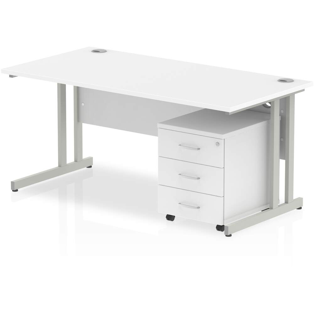 Impulse 1600 x 800mm Straight Desk White Top Silver Cantilever Leg with 3 Drawer Mobile Pedestal