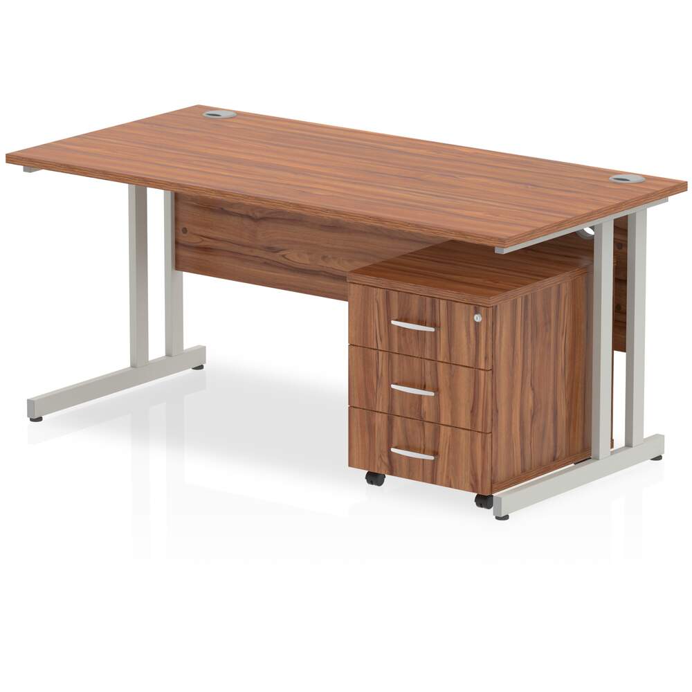 Impulse 1200 x 800mm Straight Desk Walnut Top Silver Cantilever Leg with 3 Drawer Mobile Pedestal Bundle