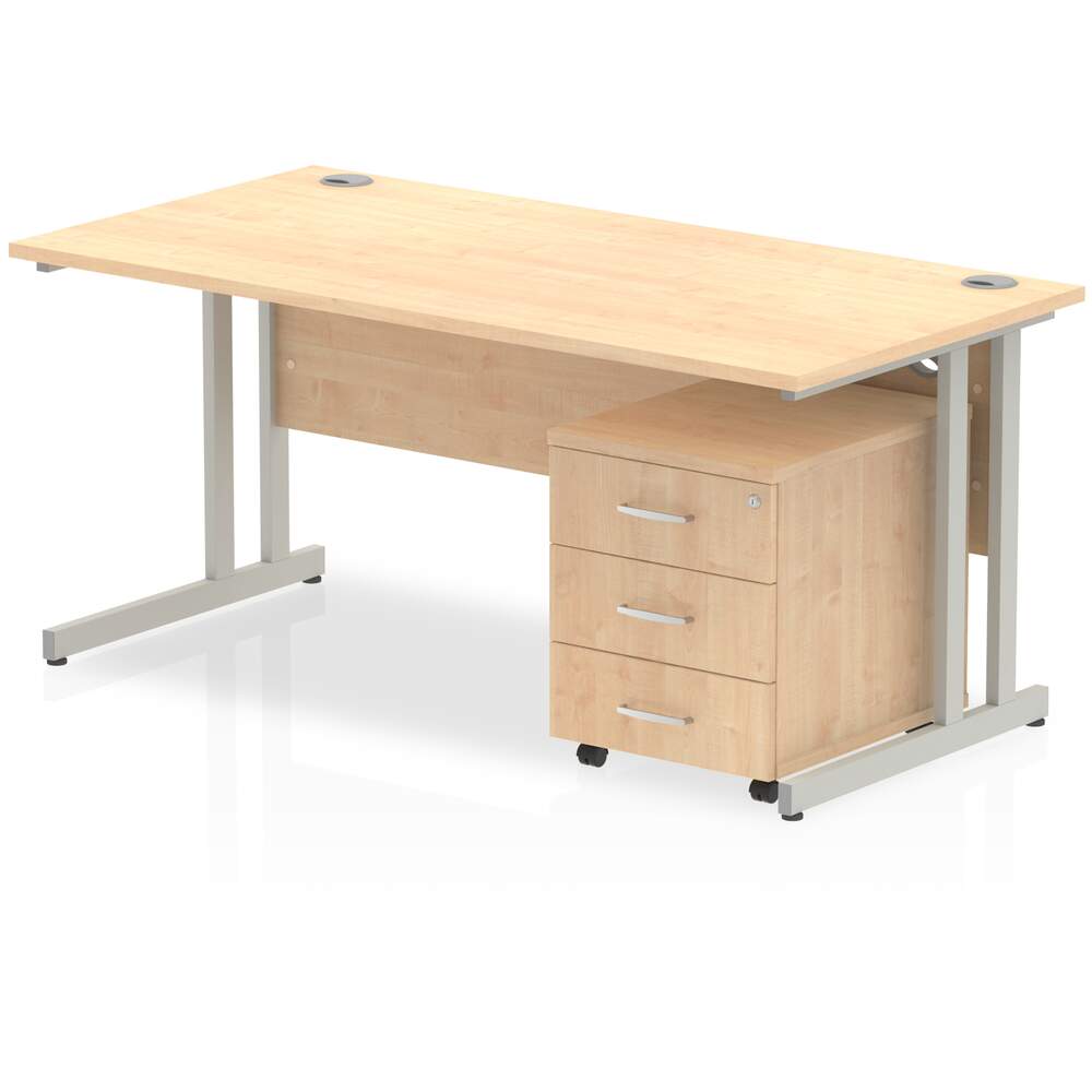 Impulse 1600 x 800mm Straight Desk Maple Top Silver Cantilever Leg with 3 Drawer Mobile Pedestal