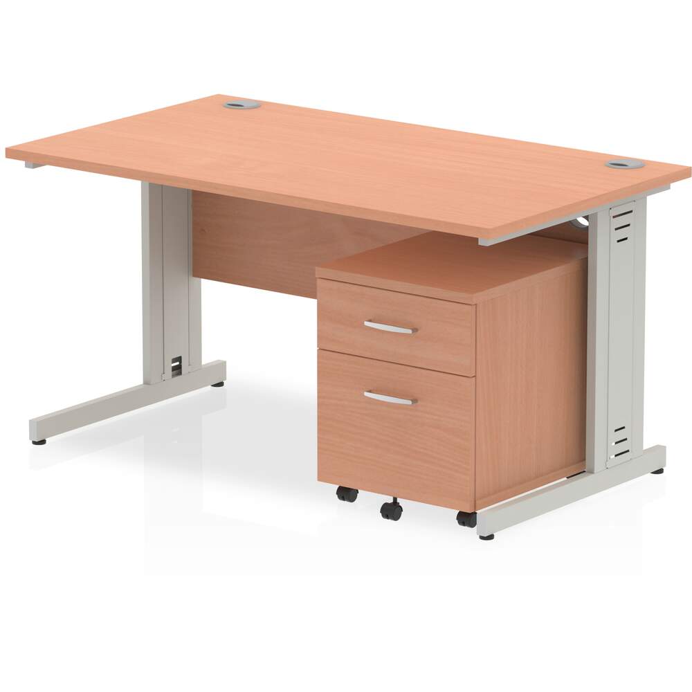 Impulse 1400 x 800mm Straight Desk Beech Top Silver Cable Managed Leg with 2 Drawer Mobile Pedestal Bundle