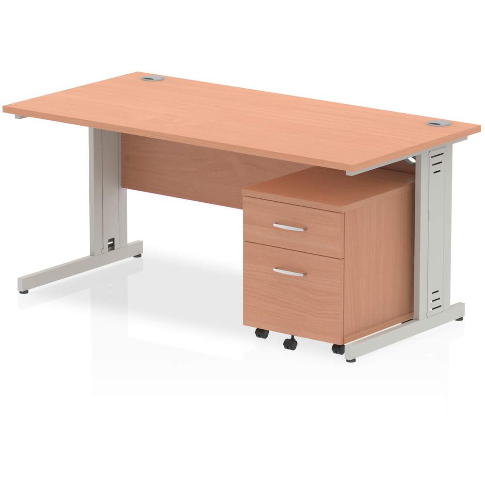Impulse 1600 x 800mm Straight Desk Beech Top Silver Cable Managed Leg with 2 Drawer Mobile Pedestal