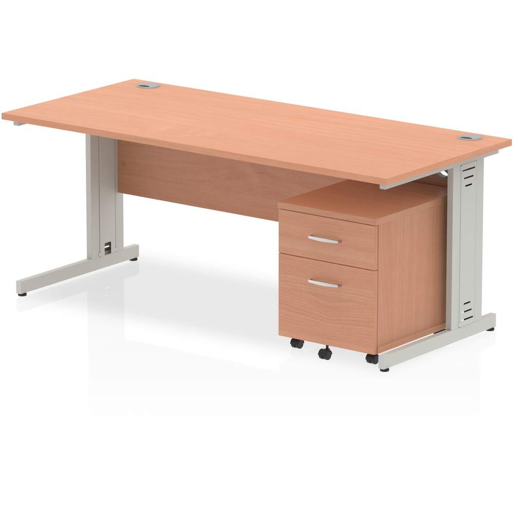 Impulse 1800 x 800mm Straight Desk Beech Top Silver Cable Managed Leg with 2 Drawer Mobile Pedestal