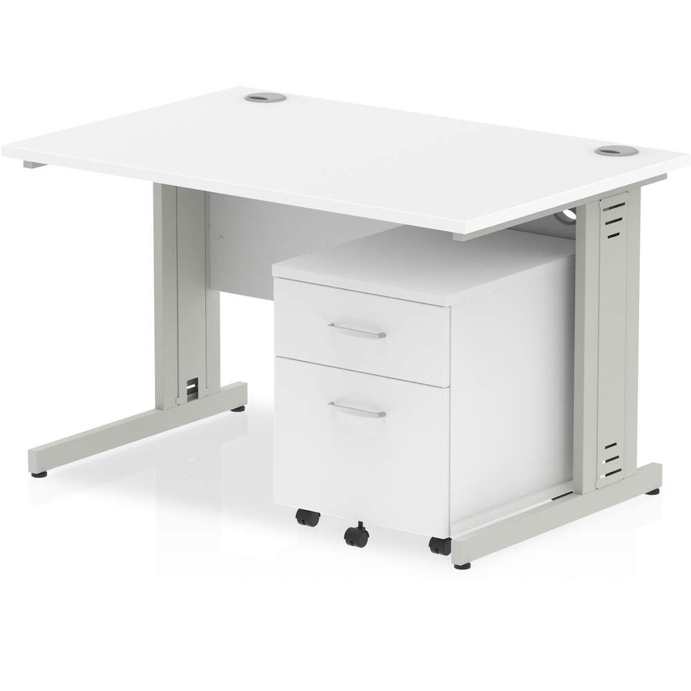 Impulse 1200 x 800mm Straight Desk White Top Silver Cable Managed Leg with 2 Drawer Mobile Pedestal Bundle