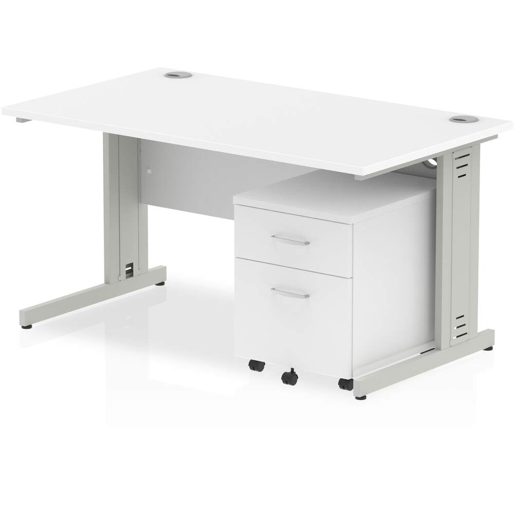 Impulse 1400 x 800mm Straight Desk White Top Silver Cable Managed Leg with 2 Drawer Mobile Pedestal Bundle